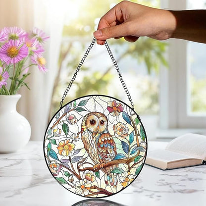 Owl Bird Flower Stained Glass Window Hanging, Owl Gifts for Women, Cottagecore Bird Floral Botanical Suncatchers Sun Catchers Indoor Window Glass Wall Art Decorations, 7.9x7.9in, Patio
