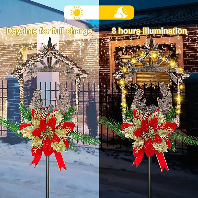 Moukeren 2 Pcs 2 Pcs 3.5ft Nativity Scene Outdoor Yard Stakes, Solar Lighted Outdoor Metal Christmas Nativity Scene Decoration for Christmas Holiday Lawn Garden Yard Decoration (Classic)
