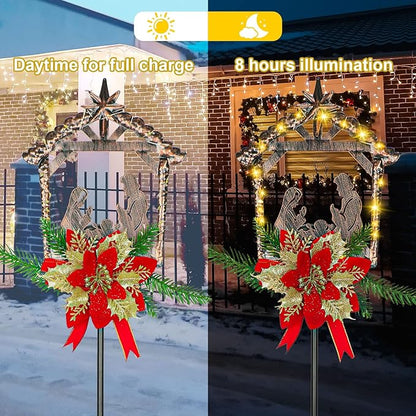 Moukeren 2 Pcs 2 Pcs 3.5ft Nativity Scene Outdoor Yard Stakes, Solar Lighted Outdoor Metal Christmas Nativity Scene Decoration for Christmas Holiday Lawn Garden Yard Decoration (Classic)