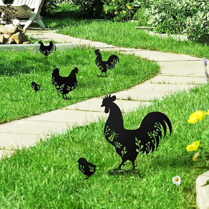 3 PCS Metal Chicken Yard Art Garden Decorative Stake Hollow Out Animals Silhouette Statue Decor, Chickens Family Silhouette Sets for Pathway, Floor, Garden, Lawn, Outdoor Decoration