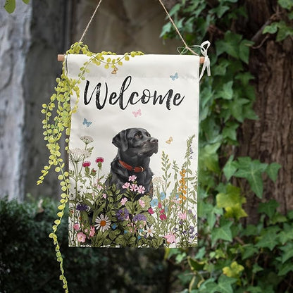 Floral Black Lab Garden Flag Spring Summer House Flags 28x40 Double Sided Flower Labrador Dog Yard Flags for Outside Lawn Large Outdoor Welcome Flags
