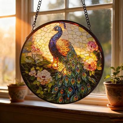 Sun Catcher Stain Glass,Peacock Suncatcher Stained Glass Decor for Window Hanging, Gardening Gifts for Women with 6.3 Inch
