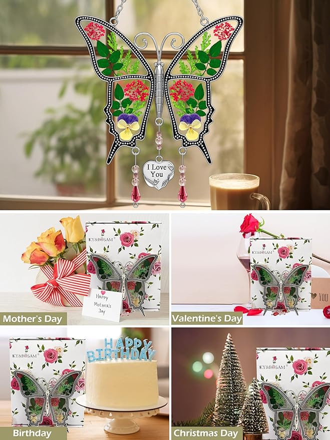 KY&BOSAM Butterfly Suncatcher I Love You Stained Glass for Windows Hangings Wind Chimes with Pressed Flower and Metal Heart Charm for Mom Birthday Valentines Day Decor