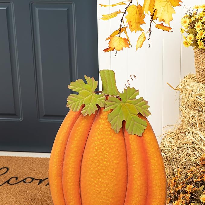 Glitzhome 37.75" H Fall Metal Embossed Pumpkin Yard Stake,Pumpkins Garden Standing Stakes or Hanging Pumpkin Signs for Autumn Harvest Thanksgiving Halloween Lawn Decorations(Three Functions)
