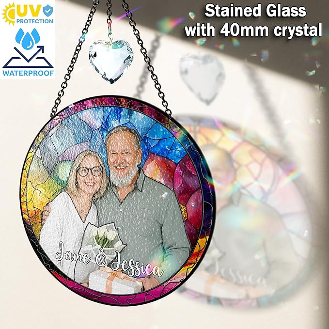 VINATIMES Personalized Grandma Stained Glass Suncatcher, Photo Family Faux Stained Glass Window Hanging Ornament, Custom Grandparent Day 2025 Gifts for Grandma, Birthday Gift for Dad, Grandpa