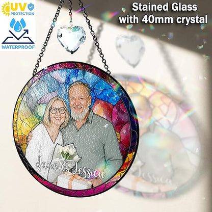 VINATIMES Personalized Grandma Stained Glass Suncatcher, Photo Family Faux Stained Glass Window Hanging Ornament, Custom Grandparent Day 2025 Gifts for Grandma, Birthday Gift for Dad, Grandpa