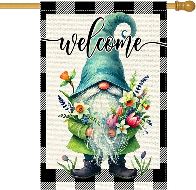 Welcome Spring Summer Gnome Garden Flag Colorful Floral Buffalo Plaid Garden Flags Small Burlap Lawn Seasonal Wildflowers Home Flags Outside Yard 28x40 Inch Double Sided (RMQ-198D, 28"X40")