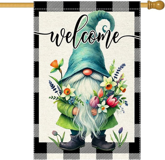 Welcome Spring Summer Gnome Garden Flag Colorful Floral Buffalo Plaid Garden Flags Small Burlap Lawn Seasonal Wildflowers Home Flags Outside Yard 28x40 Inch Double Sided (RMQ-198D, 28"X40")