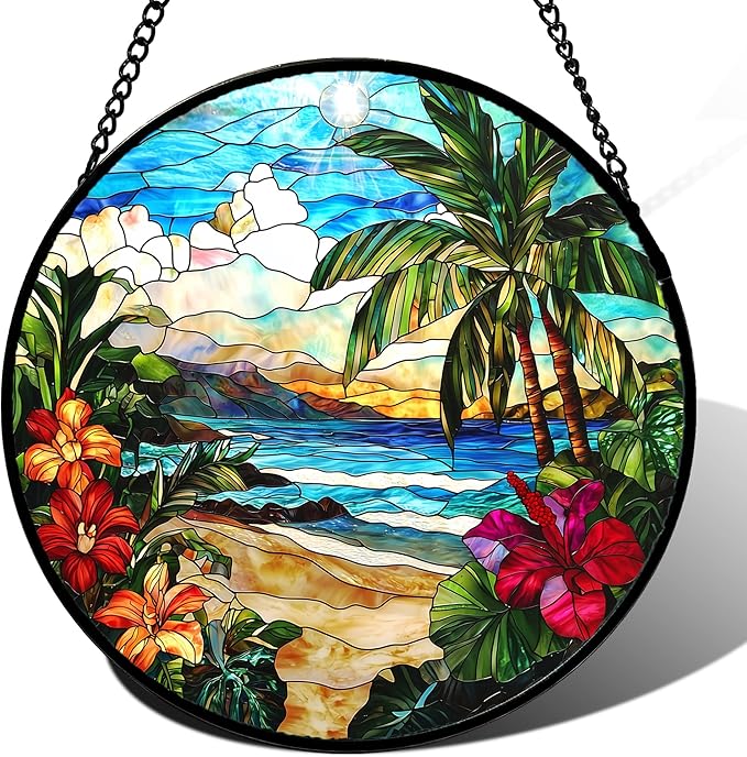DASTOLL Stained Glass Window Hanging, Blue Beach Scenery Suncatcher Diamond Glass Panel Hangings Sun Catchers Decor for Birthday for Women, Men, Wife, Aunt, and Mom 14.9x14.9 in