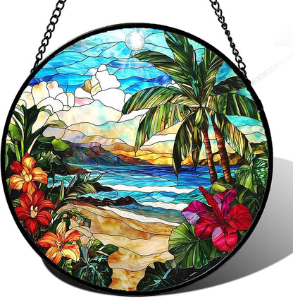 DASTOLL Stained Glass Window Hanging, Blue Beach Scenery Suncatcher Diamond Glass Panel Hangings Sun Catchers Decor for Birthday for Women, Men, Wife, Aunt, and Mom 14.9x14.9 in