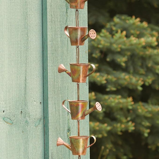 Ancient Graffiti Watering Can Rain Chains, Copper-Colored Steel Decorative Downspout Alternative, Pack of 2, 91-Inch Long Whimsical Gutter Chains with Easy-Install Gutter Clips