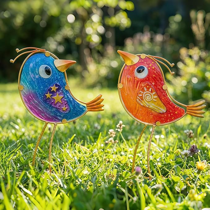 HONGLAND Garden Decor for Outside, Funny Metal & Glass Bird Decor Indoor Outdoor Set of 2, Yard Art Decorations with Housewarming Gift Idea, Colorful Garden Statues