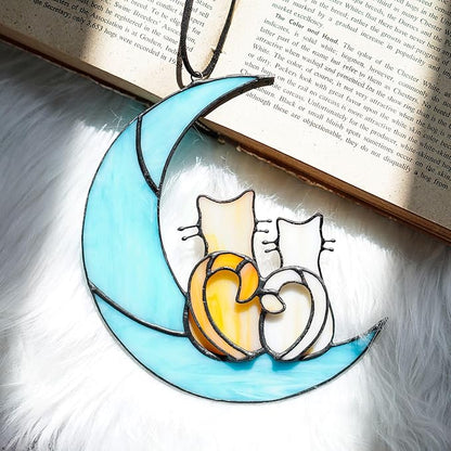 HDCRYSTALGIFTS 6.5'' Valentine’s Day Gift, Cat Lovers Stained Glass Window Hanging Sun Catcher Gifts for Women/Girls, Glass Couple Cat Sitting on Moon Suncatcher for Window, Wall Home Decor