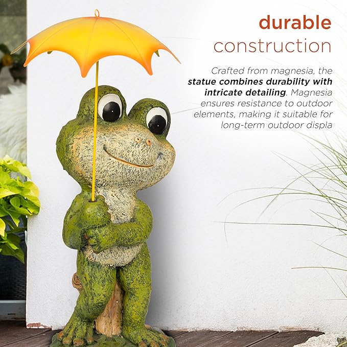 Alpine Corporation QWR1004 Indoor/Outdoor Smiling Frog with Yellow Umbrella Garden Statue, Playful Frog Statue, 23" H, Green