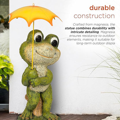 Alpine Corporation QWR1004 Indoor/Outdoor Smiling Frog with Yellow Umbrella Garden Statue, Playful Frog Statue, 23" H, Green