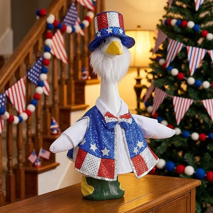3 Pcs/Set 4th of July Porch Goose Outfit, 23" High Lawn Goose Patriotic Costume Clothing, Independence Day Garden Geese Clothes Sequins Waistcoat Shirt with Top Hat for Outdoor Patio Yard Decoration