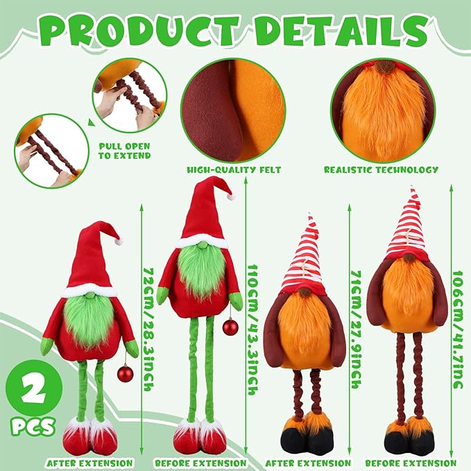 Yerliker 2 Pcs Christmas Large Plush Gnomes Decorations Lime Green Gnomes Xmas Stuffed Animals Porch Yard Decor 28 to 43 Inch Santa Decoration with Retractable Legs for Gifts Home Indoor Outdoor