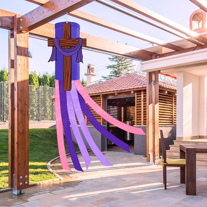 40 Inches Easter Christian Cross Windsock Decorations, Hanging Outdoor Religious Decor with Purple Streamers and Wooden Cross Design, Inspirational Wind Sock Ornament for Church, Outside Garden Yard