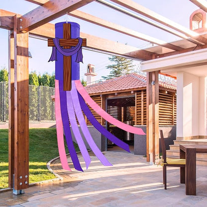 40 Inches Easter Christian Cross Windsock Decorations, Hanging Outdoor Religious Decor with Purple Streamers and Wooden Cross Design, Inspirational Wind Sock Ornament for Church, Outside Garden Yard