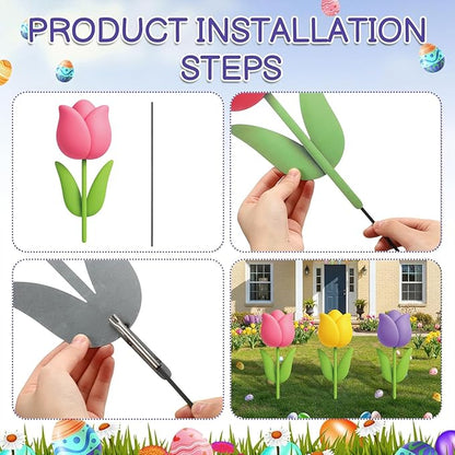 DoubleFill 3 Pcs Easter Decorations Outdoor 3D Metal Easter Eggs Tulip Yard Signs Decorative Garden Stakes Eggs Bunny Lawn Decorations Yard Decor for Spring Lawn Pathway Garden(Tulip Style)