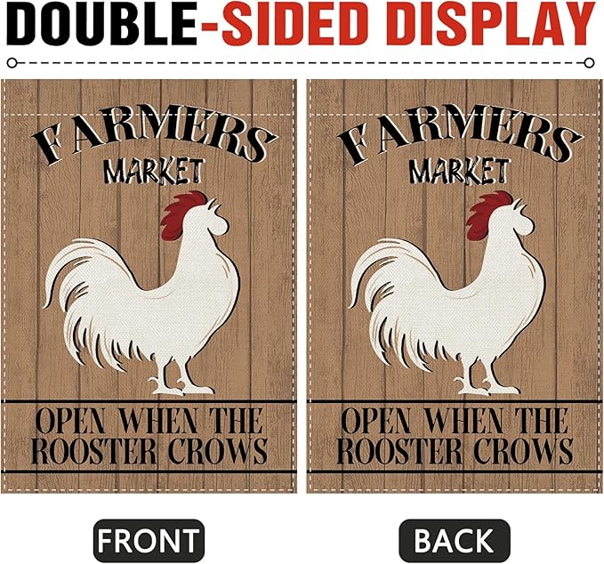 Dyrenson Farmers Market Chicken Decorative Garden Flag, Open When The Rooster Crows Farmhouse Yard Outside Home Decoration, Rustic Country Burlap Outdoor Small Decor Double Sided 12 x 18