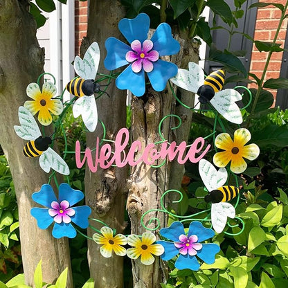 Metal Honey Bee Hanging Welcome Signs Wall Decor Front Door Wreath Garden Fence Patio Porch Yard Spring Indoor Outdoor Decorations 13''H