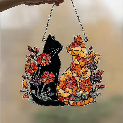 Warm Mosaic Cat Floral Art Acrylic Suncatcher Stained Glass Effect Window Car Hanging Christmas Ornament Indoor Outdoor Decor Garden Sun Catcher Panel for Valentine's Day Lover for Women Mom Grandma