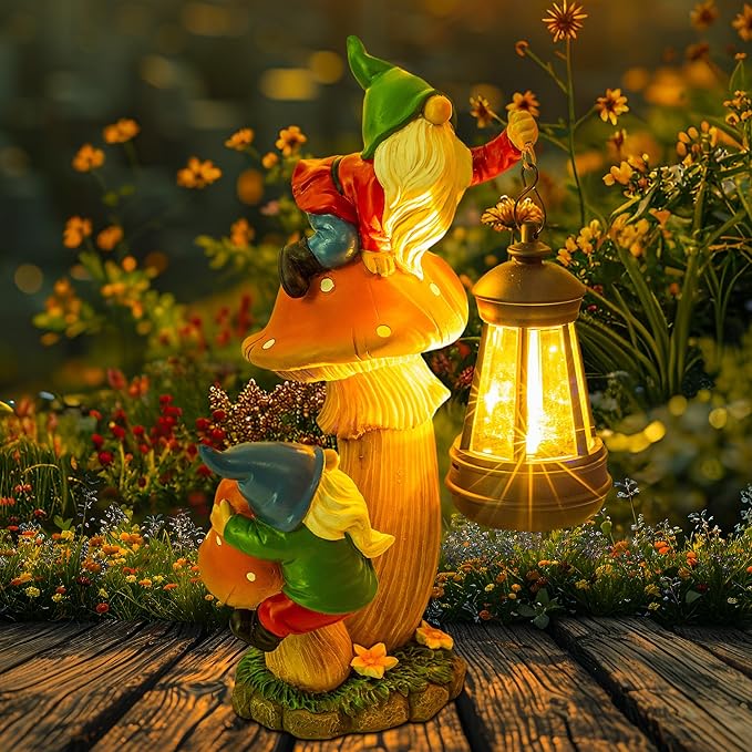 YUETJIN Funny Garden Gnomes Outdoor Climbing on Mushroom with Holding a Solar LED Lantern Resin Mushroom Statue for Patio Yard Lawn Porch Decor