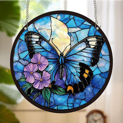 CREATCABIN Butterfly Sun Catchers Round Acrylic Suncatchers Stained Animals Window Wall Art Hanging Ornaments with Metal Chain for Housewarming Living Room Bedroom Home Garden Decor 9.8 Inch