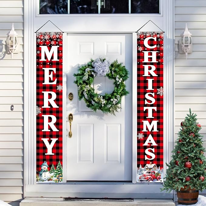 Christmas Decorations Outdoor Yard: Large Red Black Front Porch Sign, Buffalo Plaid Xmas Door Banner, Hanging Merry Christmas Decor for Home School Office Indoor Wall Garage Yard Outside