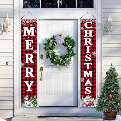 Christmas Decorations Outdoor Yard: Large Red Black Front Porch Sign, Buffalo Plaid Xmas Door Banner, Hanging Merry Christmas Decor for Home School Office Indoor Wall Garage Yard Outside