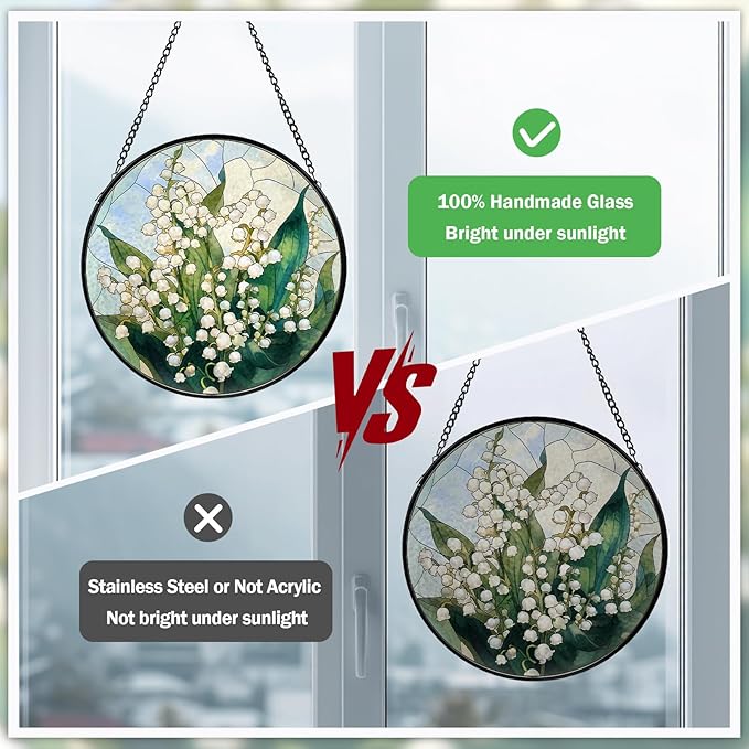 Lily of The Valley Flower Stained Glass Window Hanging, Suncatcher Diamond Glass Panel Hangings, Sun Catchers Indoor Windows Wall Art, Gift for Mom Grandma, Christmas Decor for Home Office 7.87 inches