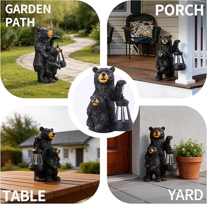 Solar Garden Statue Bear Family - 10" H Resin Outdoor Statue with Solar Powered Lantern - Welcome Bear Decor Outdoor, Unique Birthday Gifts for Women - Waterproof Patio Yard Decorations