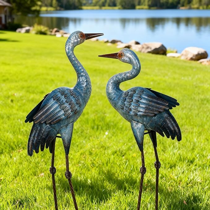 Natelf Metal Cranes Sculptures Outdoor Blue Heron Garden Statue Bird Yard Art Large Decorations for Lawn Patio Backyard Decoration