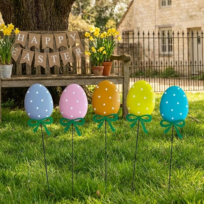 5 Packs Easter Eggs Decorative Garden Stakes Easter Decorations,Cute Easter Eggs Metal Yard Signs,Happy Easter Decorations Outdoor Yard for Spring Home Outside Lawn Front Porch Lawn Backyard Decor