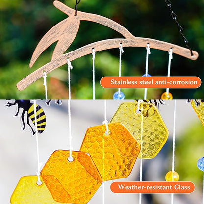 YU FENG 20" Bee Wind Chime for Outside Honeycomb Bees Decorative Hanging Suncatcher for Garden Patio Yard Ornament for Christmas Tree