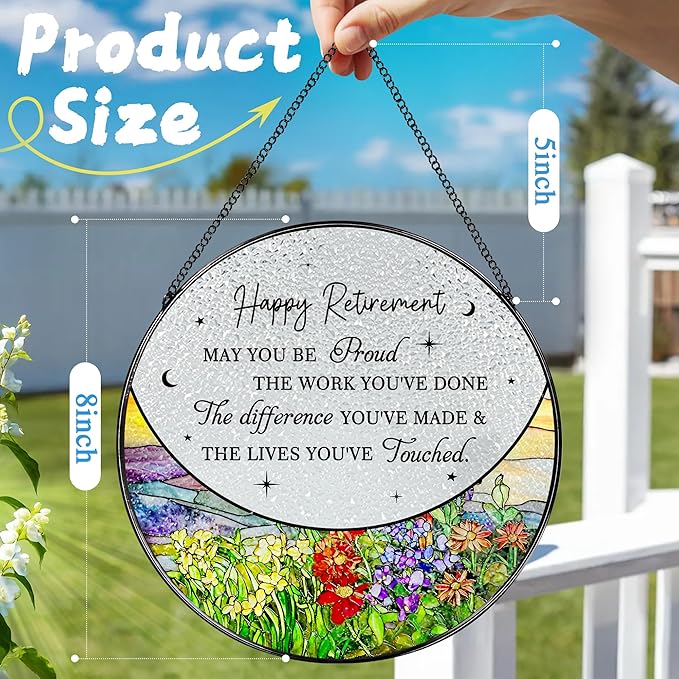 8” Stained Glass Suncatcher Ornament – Floral Retirement Window Hanging Decorations, Retirement Gifts & Retired Gifts for Women, Men, Friends, Coworkers, Teachers - Style G
