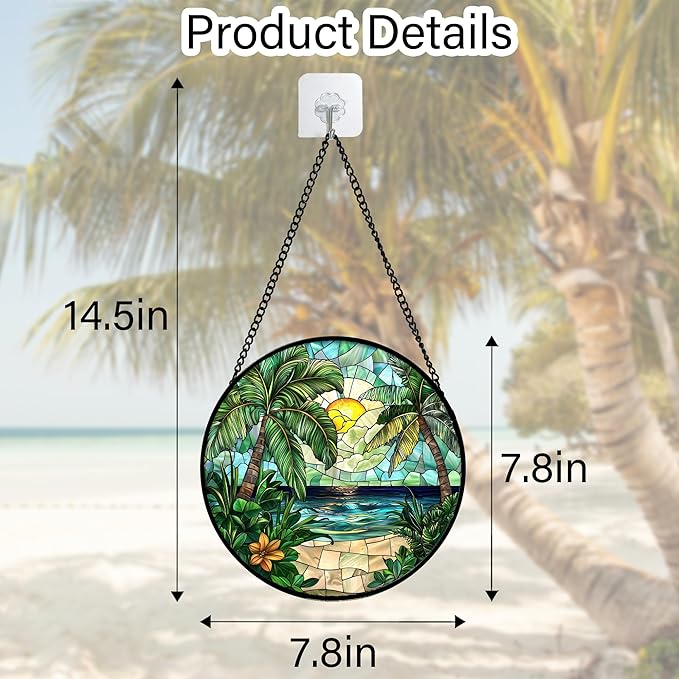 DASTOLL Stained Glass Window Hanging, Green Beach Scenery Suncatcher Diamond Glass Panel Hangings Sun Catchers Decor for Birthday for Women, Men, Wife, Aunt, and Mom 7.8 in