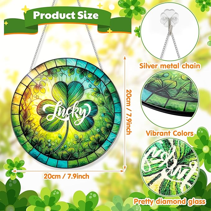 Shamrock Suncatcher Stained Glass Ornaments - 7.87 Inches St. Patrick's Day Clover Window Hanging Decoration, Irish Sun Catcher Home Art Decor for Festival, Gifts for Women Men (Lucky)