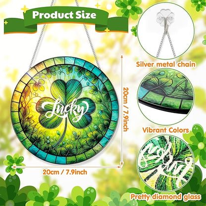 Shamrock Suncatcher Stained Glass Ornaments - 7.87 Inches St. Patrick's Day Clover Window Hanging Decoration, Irish Sun Catcher Home Art Decor for Festival, Gifts for Women Men (Lucky)