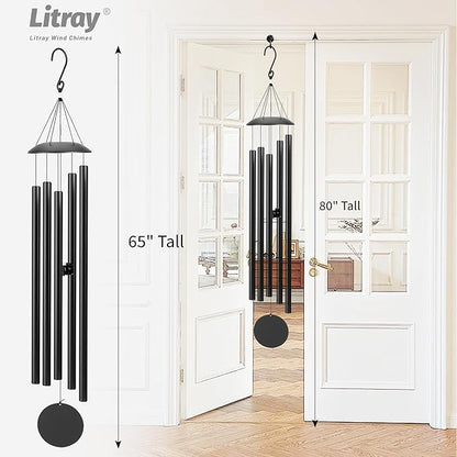 65" Extra Large Wind Chimes with Outside Deep Tone, 5 Thick and Bold Aluminum Tubes, Coolest Metal Windchimes Outdoors with Pine Wood Striker, Unique Gift for Mom, Garden Decoration(Black)