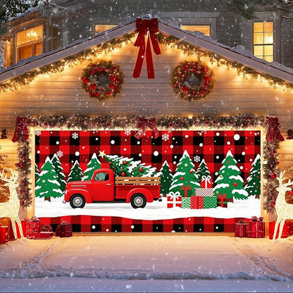 IVN Merry Christmas Garage Door 13x6ft Festive Backdrop Red Truck with Christmas Trees and Gifts Photo Prop Background for Holiday Yard Door Cover Outdoor Winter Scene