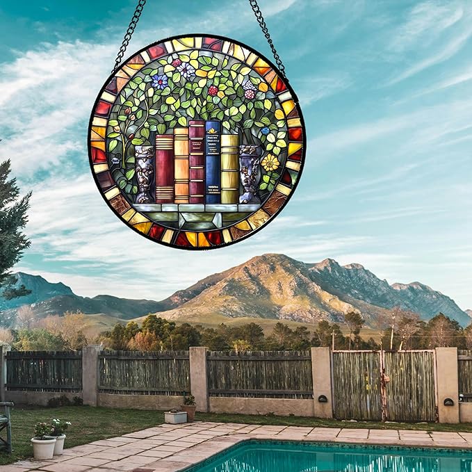 Stained Glass Window Hanging Green Plants Flowers Books 7.8" - Suncatcher Door Garden Sunroom Sun Catcher Decor Birthday Christmas for Mom Men Woman Nana