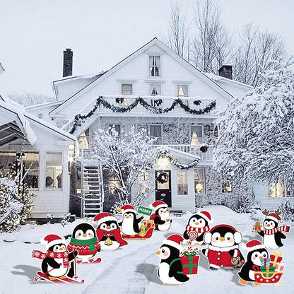 10-Piece Christmas Penguin Yard Signs with Stakes Decorations – 10 Assorted Designs 12 Inches Large Holiday Penguin Signs for Outdoor Garden and Lawn Winter Party Favor