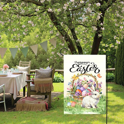 Happy Easter Garden Flag with Bunny Basket Spring Tulips Wildflowers Eggs Cute Rabbit Yard Flags Double Sided Welcome Spring Easter Houde Banner for Porch Lawn Patio Holiday Décor 12 x 18 In
