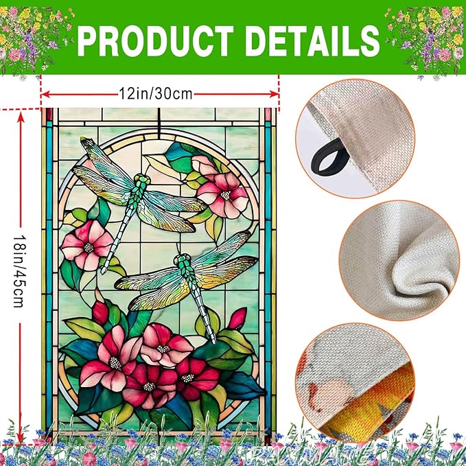 Spring Summer Dragonfly Garden Flag 12x18 Inch Double Sided, Stained Glass Dragonfly Floral Garden Flag for Outside, Colorful Flower Yard Flag Outdoor Lawn Porch Farmhouse Decor