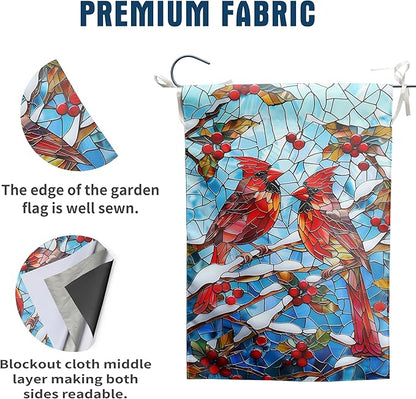 Winter Cardinal Bird Garden Flag for Outside 28x40 Stained Glass Red Birds on Snow Pine Tree Flag Christmas House Flags Large Outdoor Welcome New Years Yard Flag Double Sided