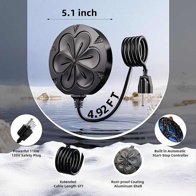 Bird Bath Heater for Outdoors in Winter, 110W Birdbath Water Heater Full-Covered Aluminum, Bird Bath Deicer Pond Deicer with Thermostatically Control, Chicken Water Heater, 4.92 Ft Power Cord (Black)