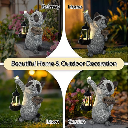 Raccoon Garden Statue with Solar Lantern, Cute Raccoon Figurine Light with Welcome Sign and Bird for Outdoor Patio Balcony Yard, Unique Resin Statue for Mom Grandma Women
