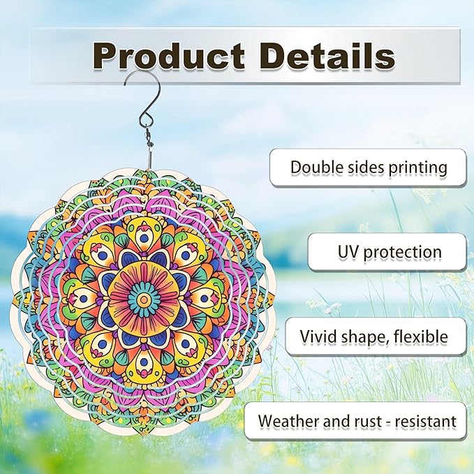 Wind Spinners Outdoor, Hanging Wind Spinner for Garden Decoration, 8 inch 3D Stainless Steel Metal Wind Sculpture for Indoor/Outdoor Decor, Mandala F